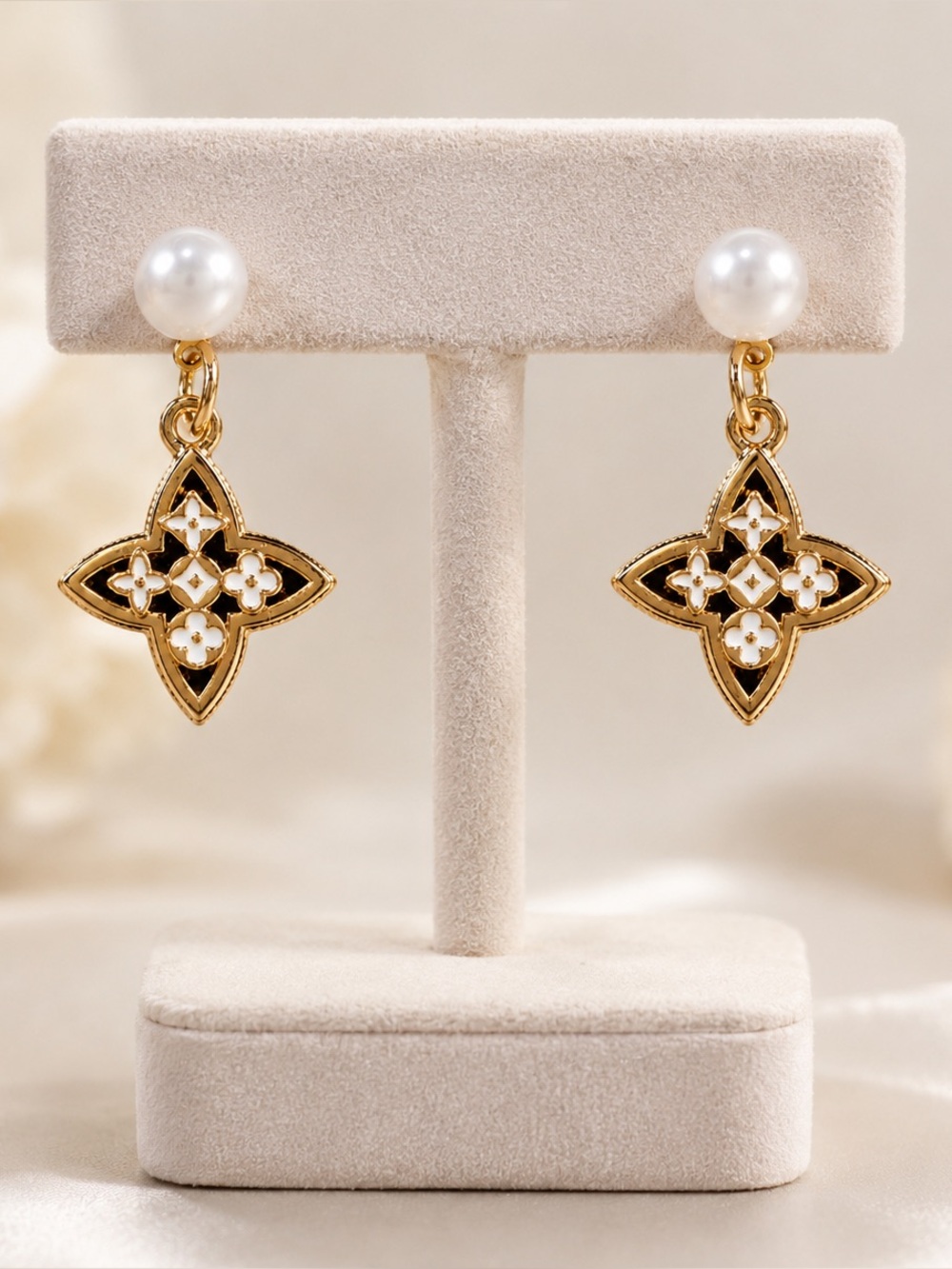 Louis Vuitton Gold-Tone Floral Quatrefoil Drop Earrings with Pearl Studs - Picture 1 of 2